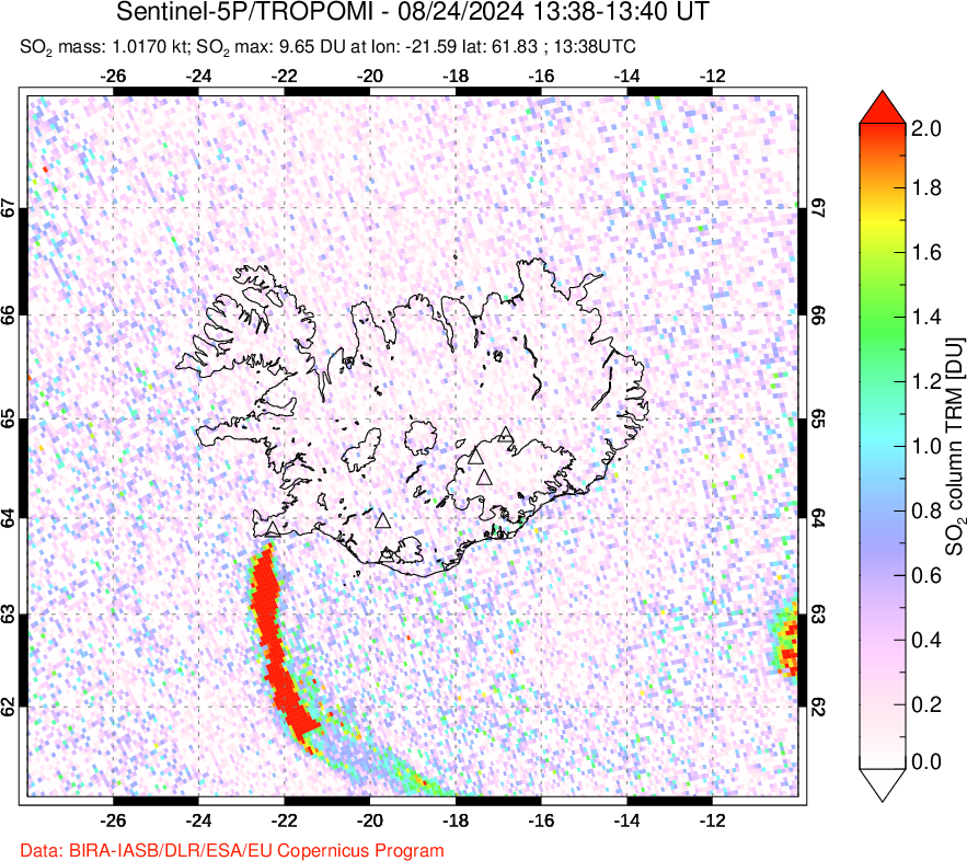 A sulfur dioxide image over Iceland on Aug 24, 2024.