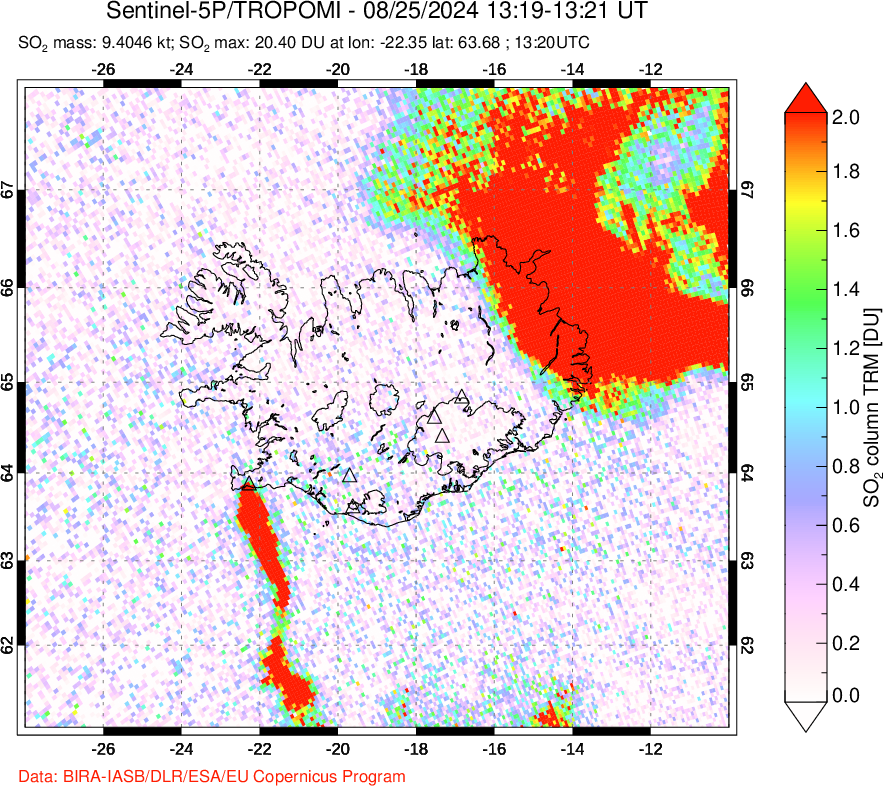 A sulfur dioxide image over Iceland on Aug 25, 2024.