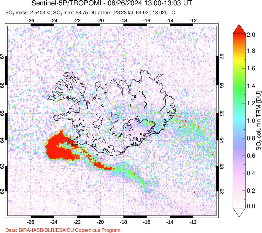 A sulfur dioxide image over Iceland on Aug 26, 2024.