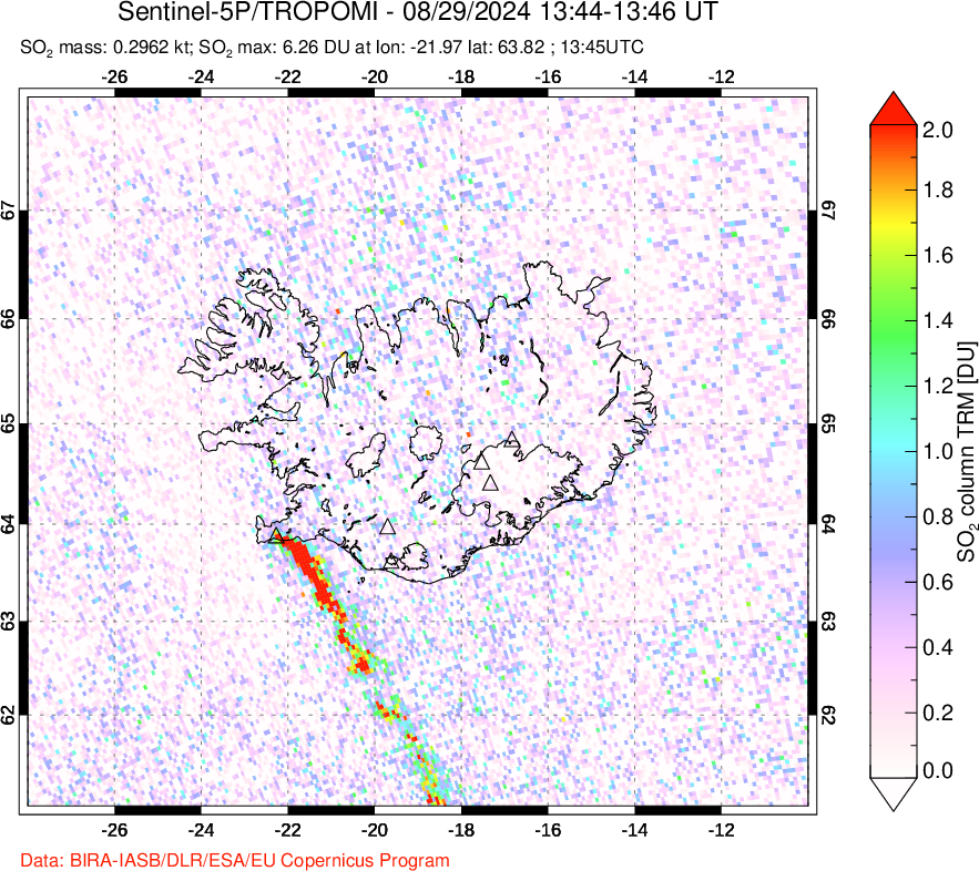 A sulfur dioxide image over Iceland on Aug 29, 2024.