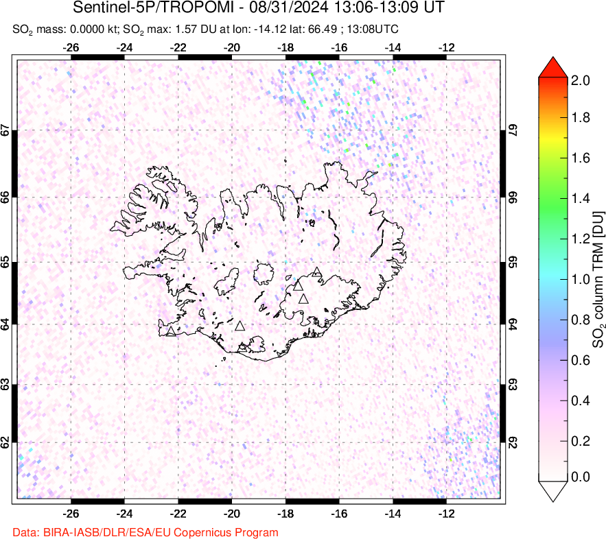 A sulfur dioxide image over Iceland on Aug 31, 2024.