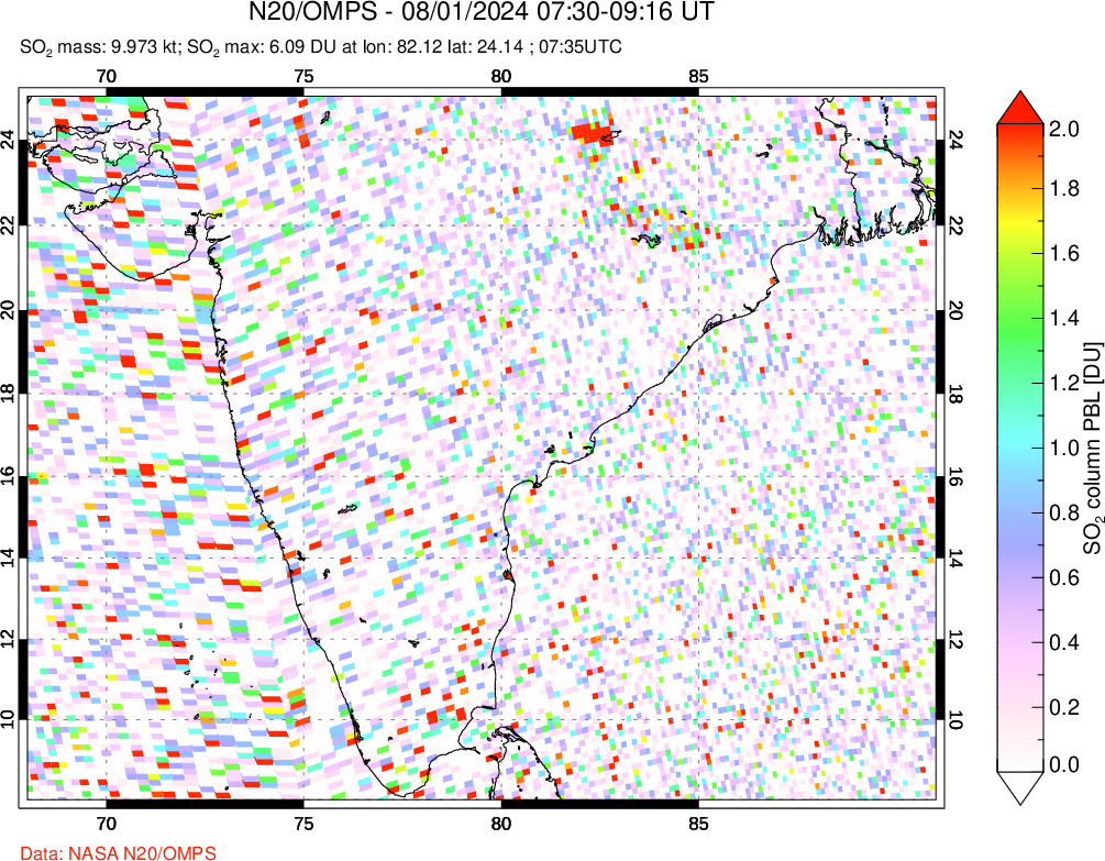 A sulfur dioxide image over India on Aug 01, 2024.