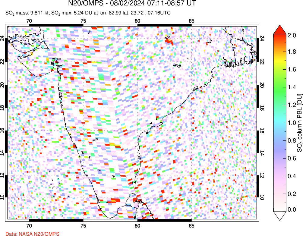 A sulfur dioxide image over India on Aug 02, 2024.