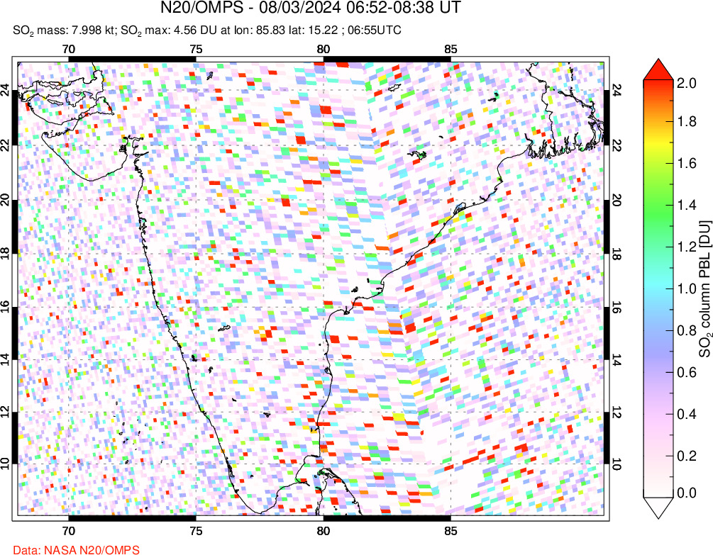 A sulfur dioxide image over India on Aug 03, 2024.