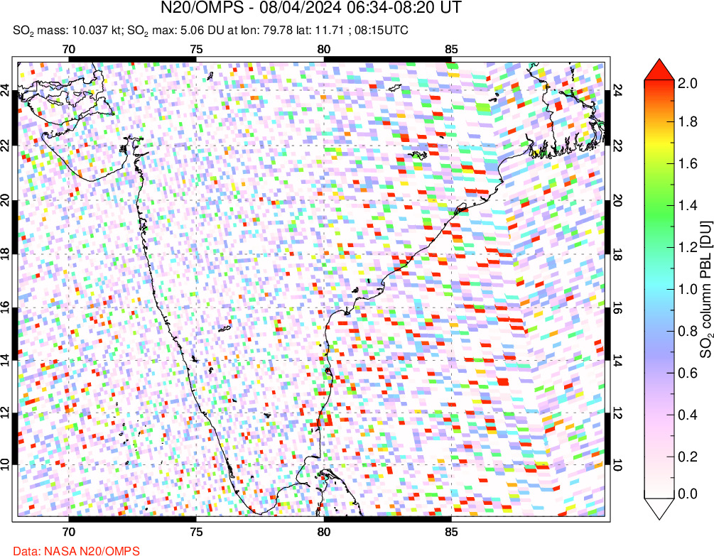 A sulfur dioxide image over India on Aug 04, 2024.