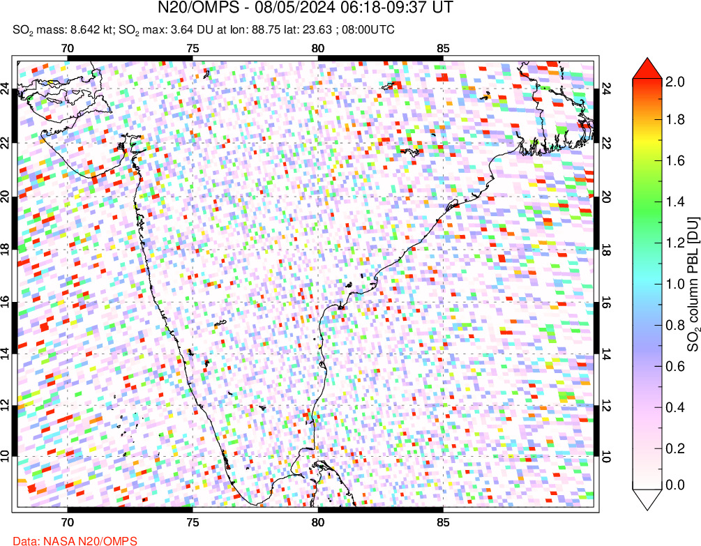 A sulfur dioxide image over India on Aug 05, 2024.