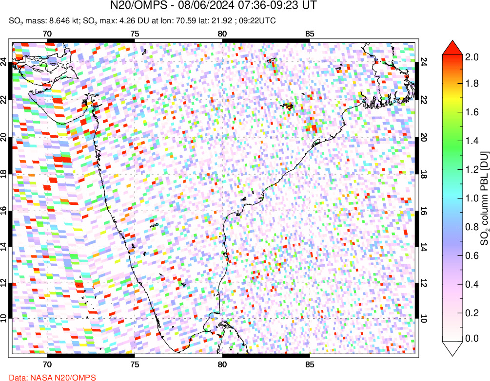 A sulfur dioxide image over India on Aug 06, 2024.