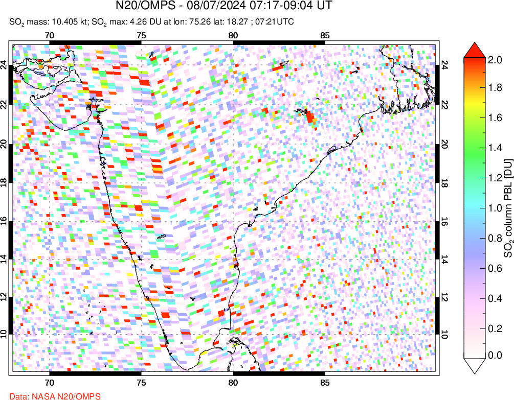 A sulfur dioxide image over India on Aug 07, 2024.