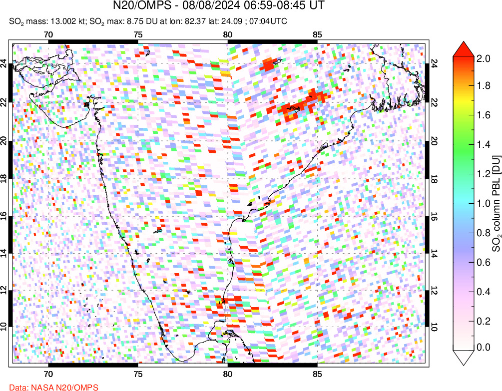 A sulfur dioxide image over India on Aug 08, 2024.