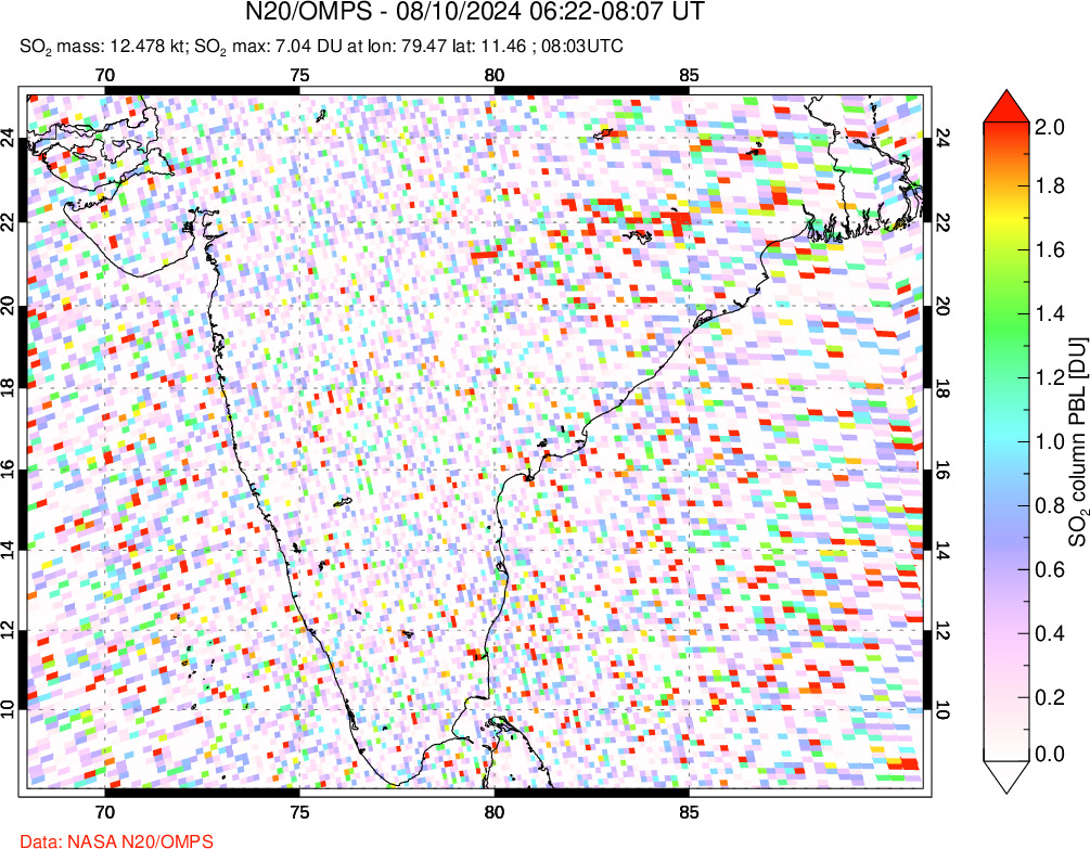 A sulfur dioxide image over India on Aug 10, 2024.