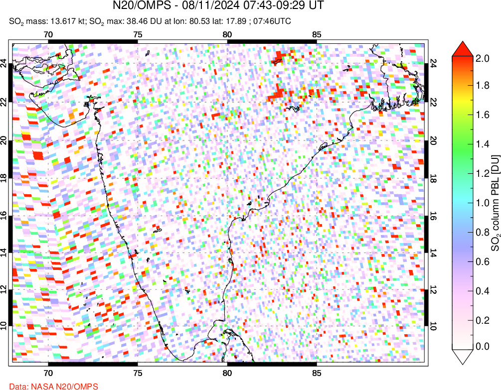 A sulfur dioxide image over India on Aug 11, 2024.