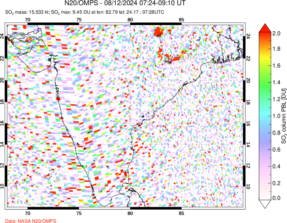 A sulfur dioxide image over India on Aug 12, 2024.