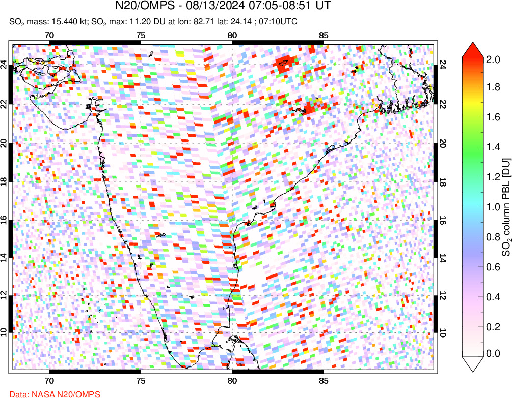 A sulfur dioxide image over India on Aug 13, 2024.