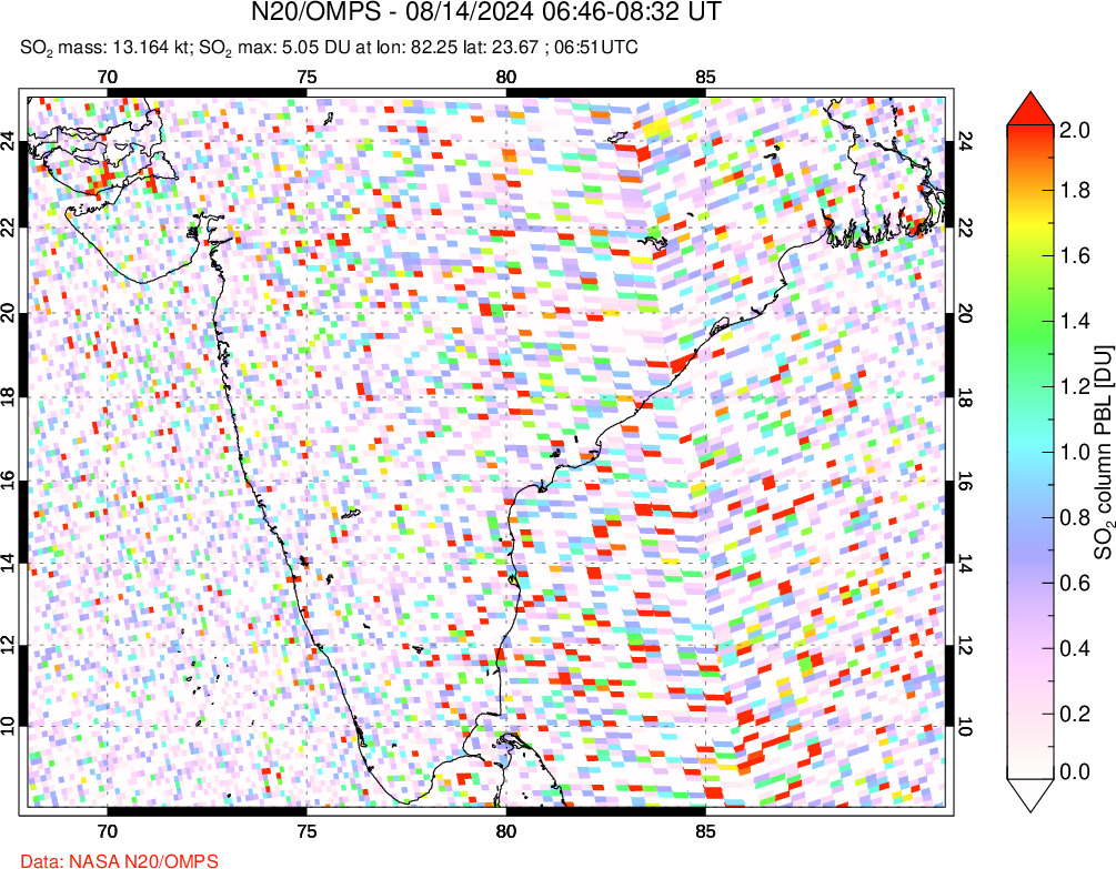 A sulfur dioxide image over India on Aug 14, 2024.