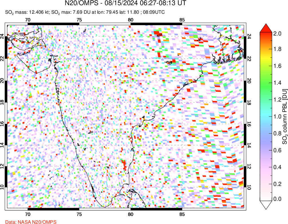 A sulfur dioxide image over India on Aug 15, 2024.