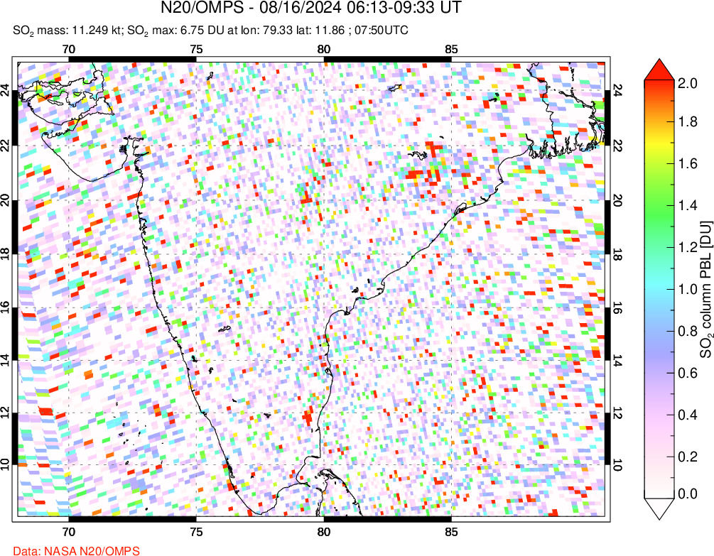 A sulfur dioxide image over India on Aug 16, 2024.