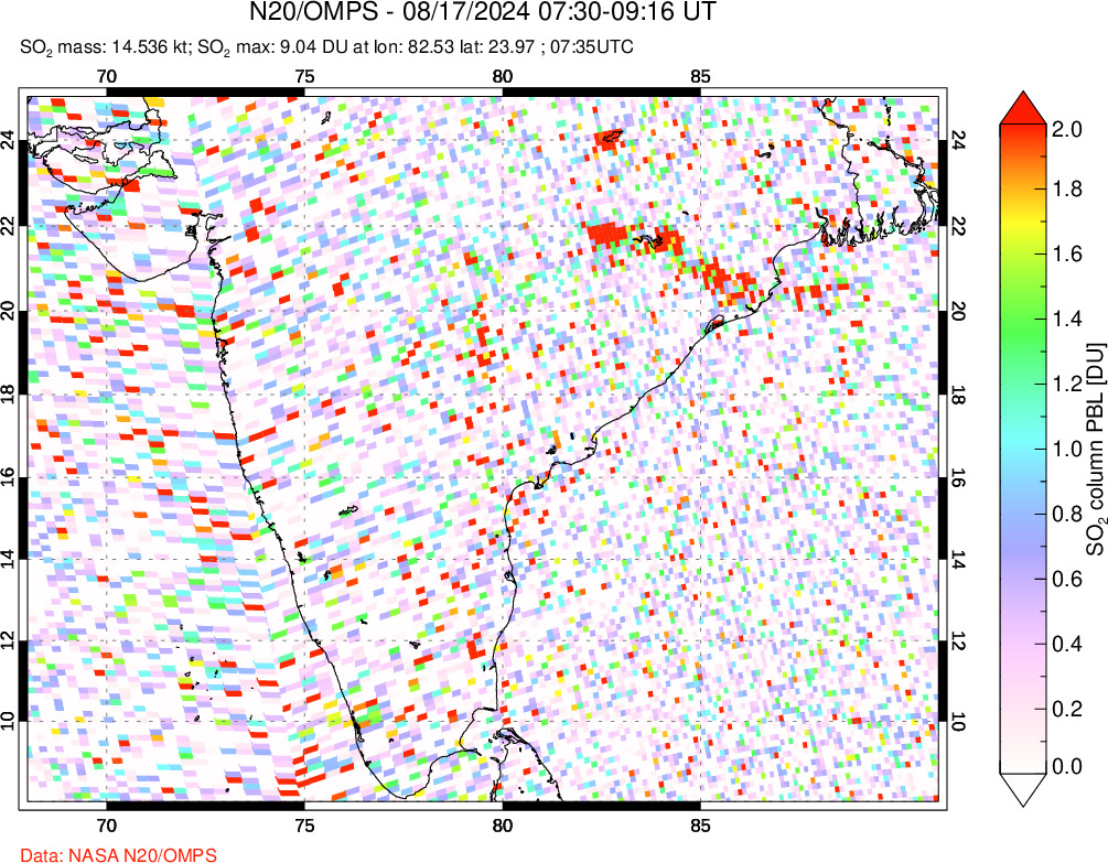 A sulfur dioxide image over India on Aug 17, 2024.