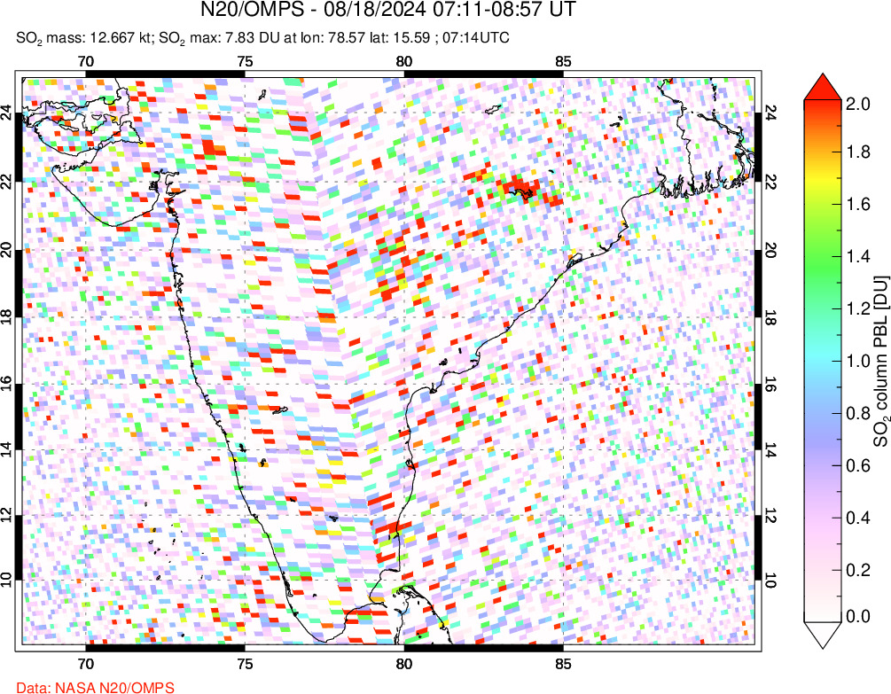 A sulfur dioxide image over India on Aug 18, 2024.