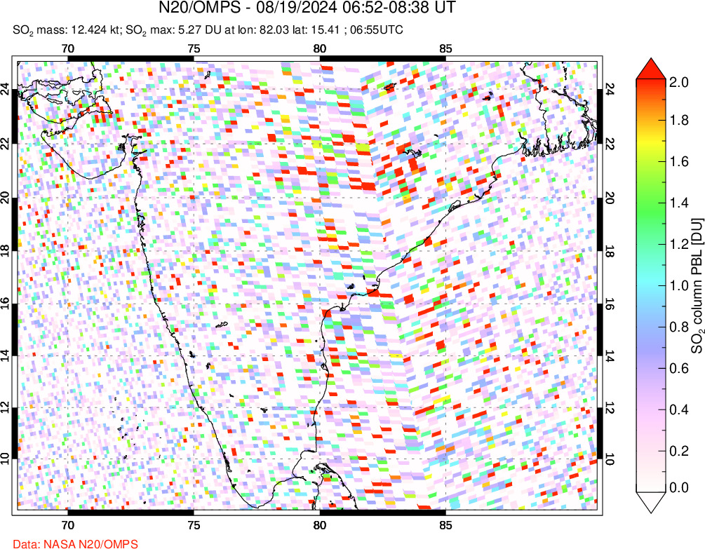 A sulfur dioxide image over India on Aug 19, 2024.