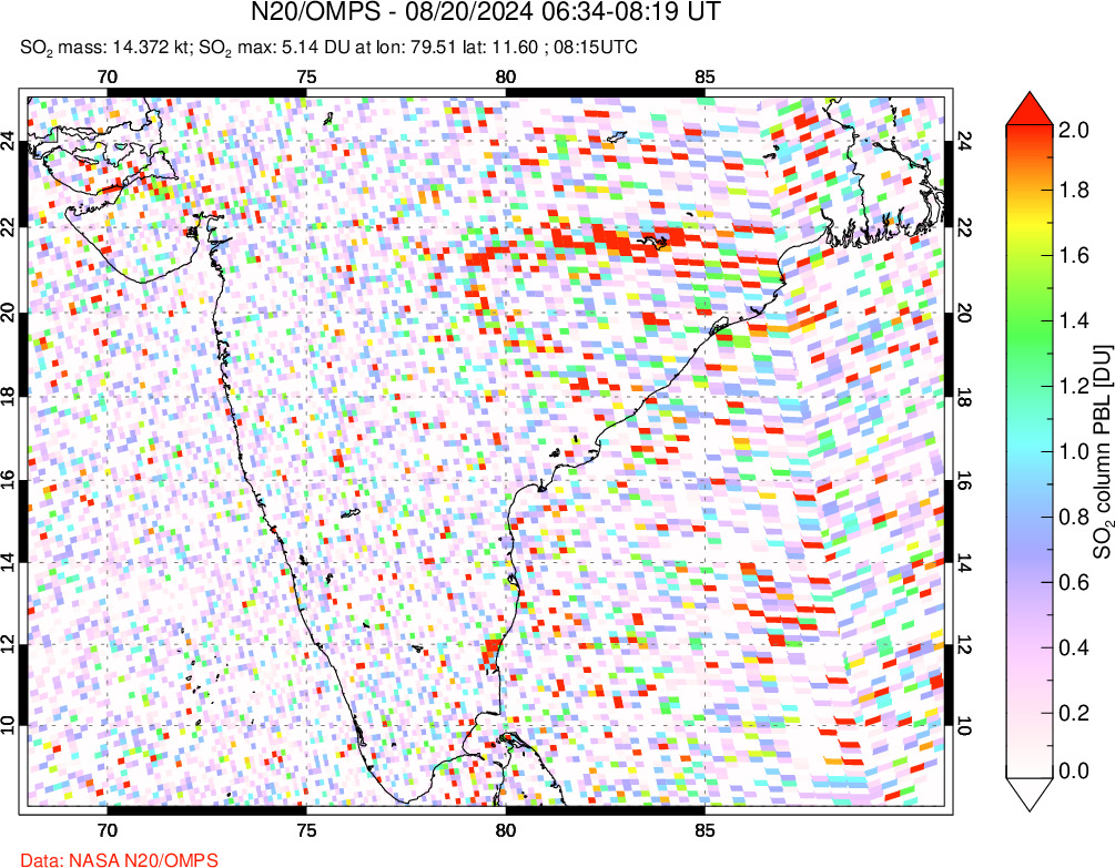 A sulfur dioxide image over India on Aug 20, 2024.