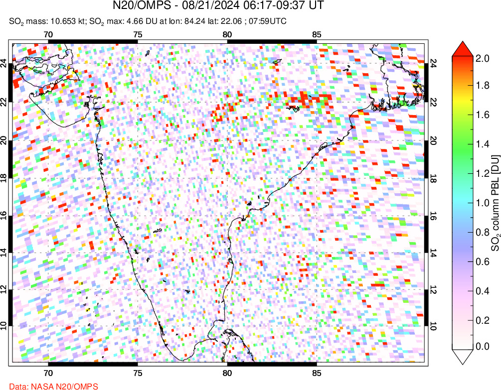 A sulfur dioxide image over India on Aug 21, 2024.