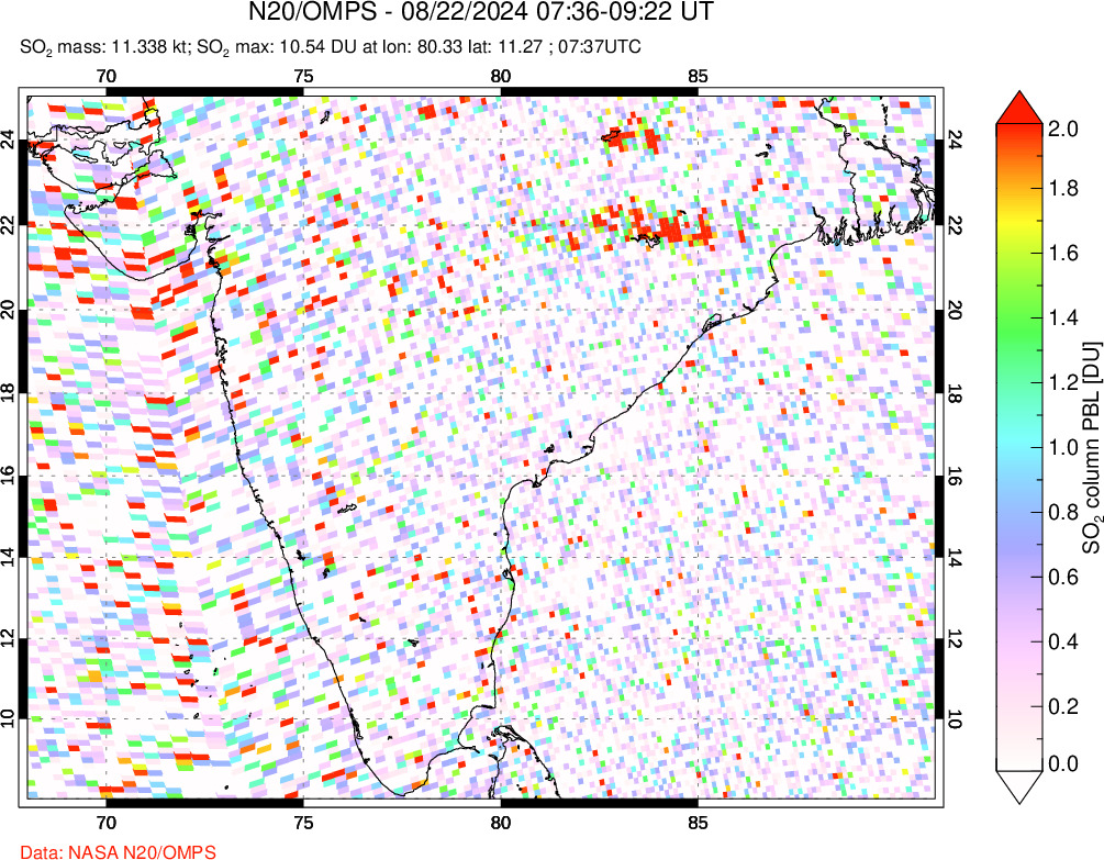 A sulfur dioxide image over India on Aug 22, 2024.