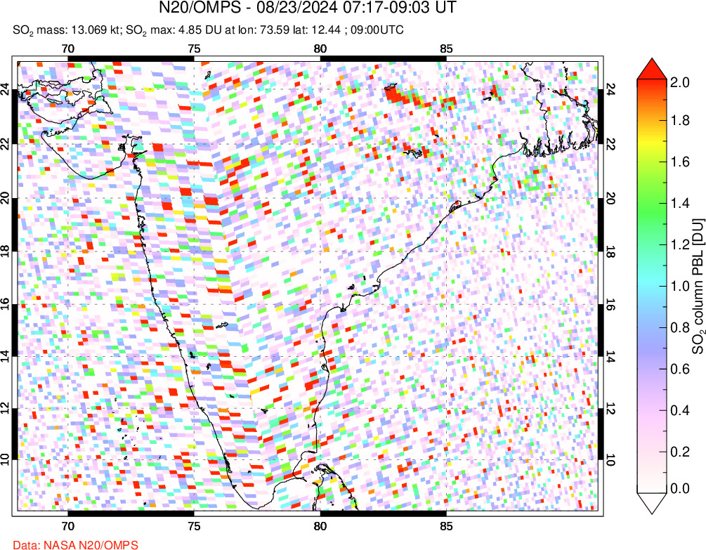 A sulfur dioxide image over India on Aug 23, 2024.