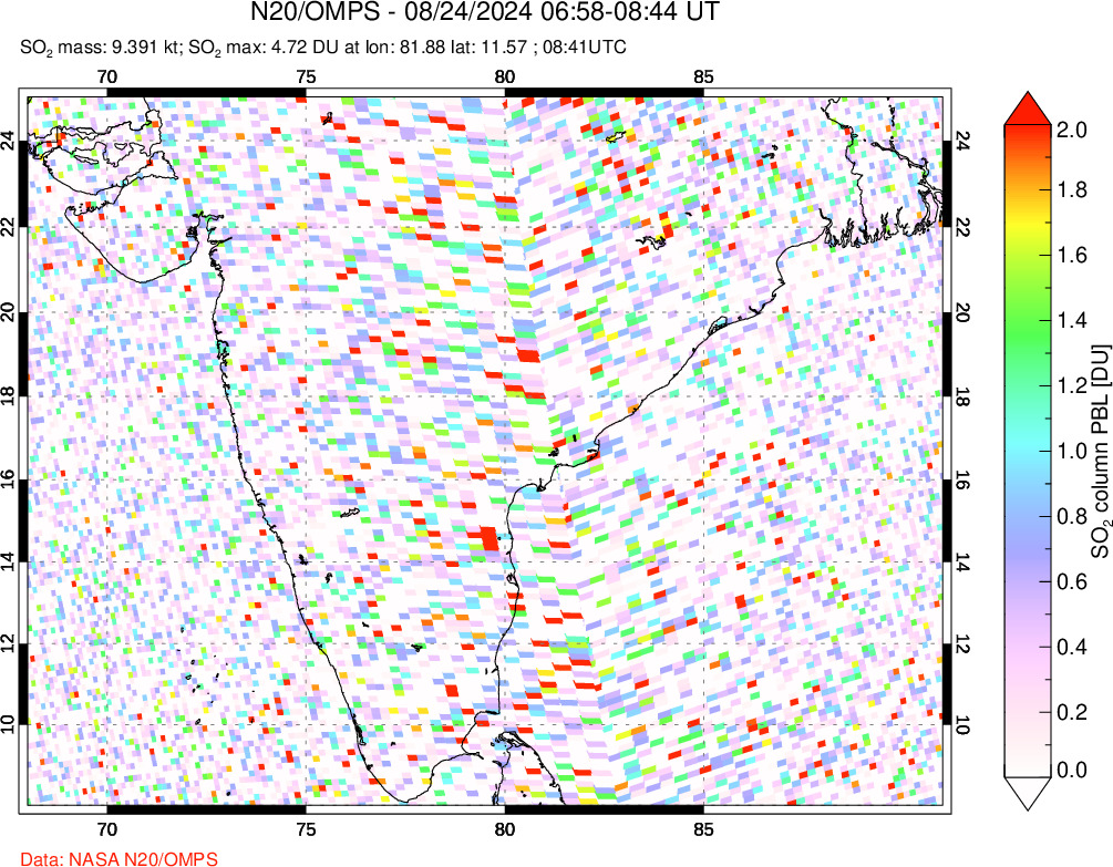 A sulfur dioxide image over India on Aug 24, 2024.