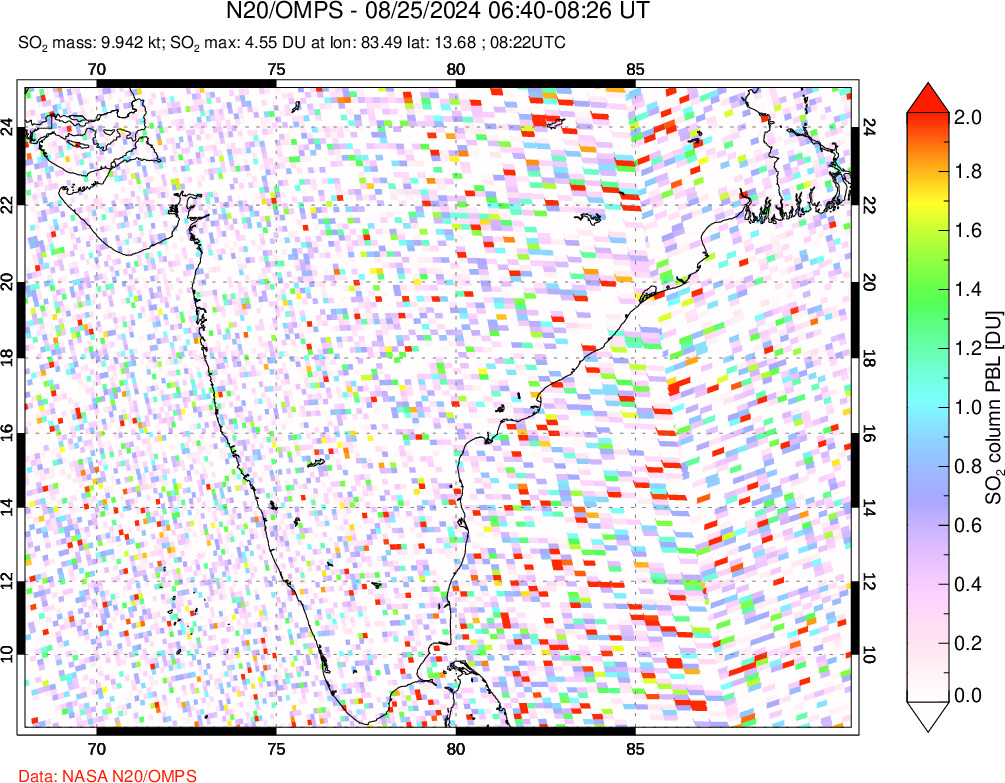 A sulfur dioxide image over India on Aug 25, 2024.