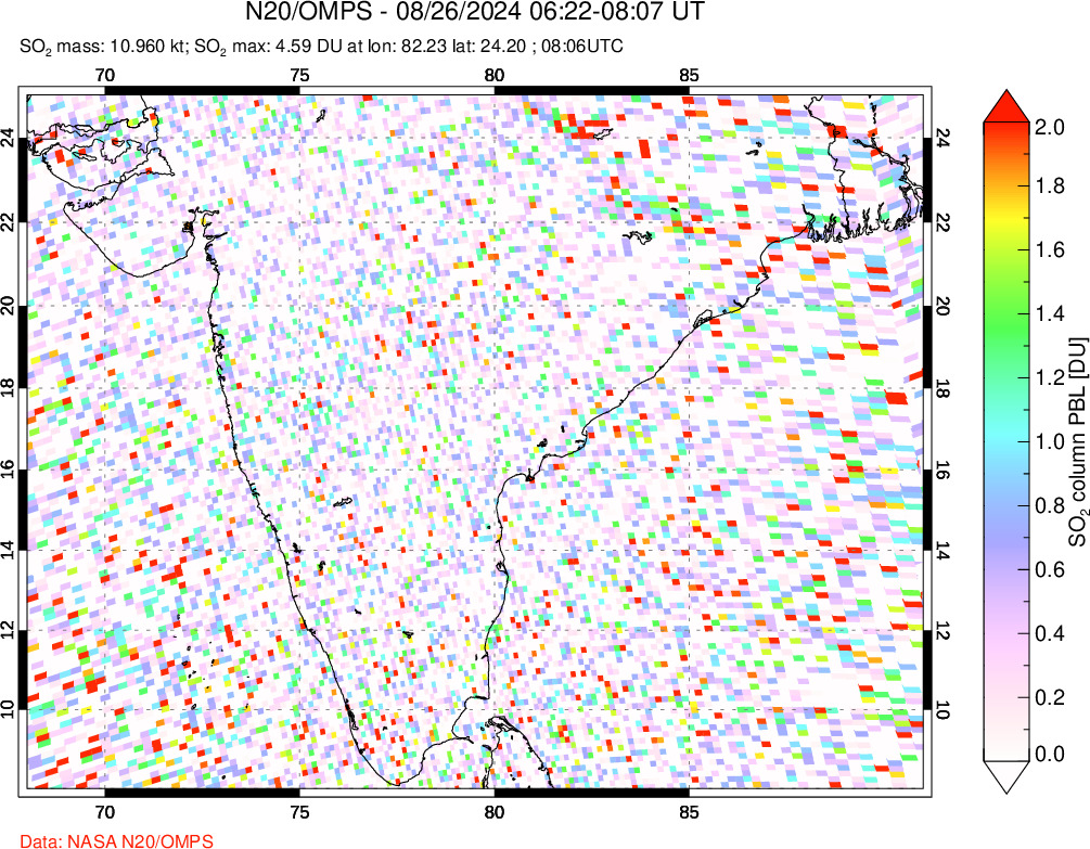 A sulfur dioxide image over India on Aug 26, 2024.