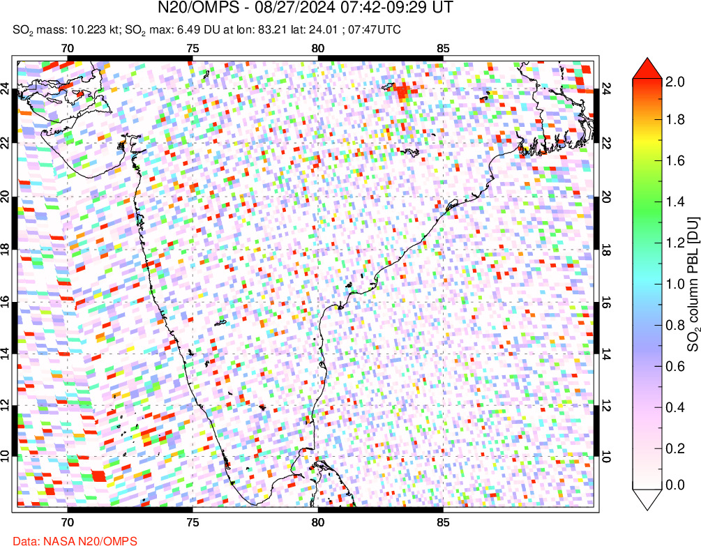 A sulfur dioxide image over India on Aug 27, 2024.