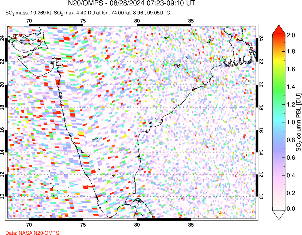 A sulfur dioxide image over India on Aug 28, 2024.