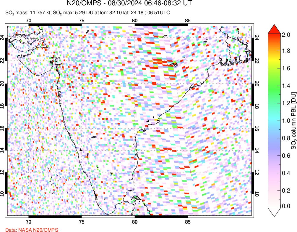 A sulfur dioxide image over India on Aug 30, 2024.