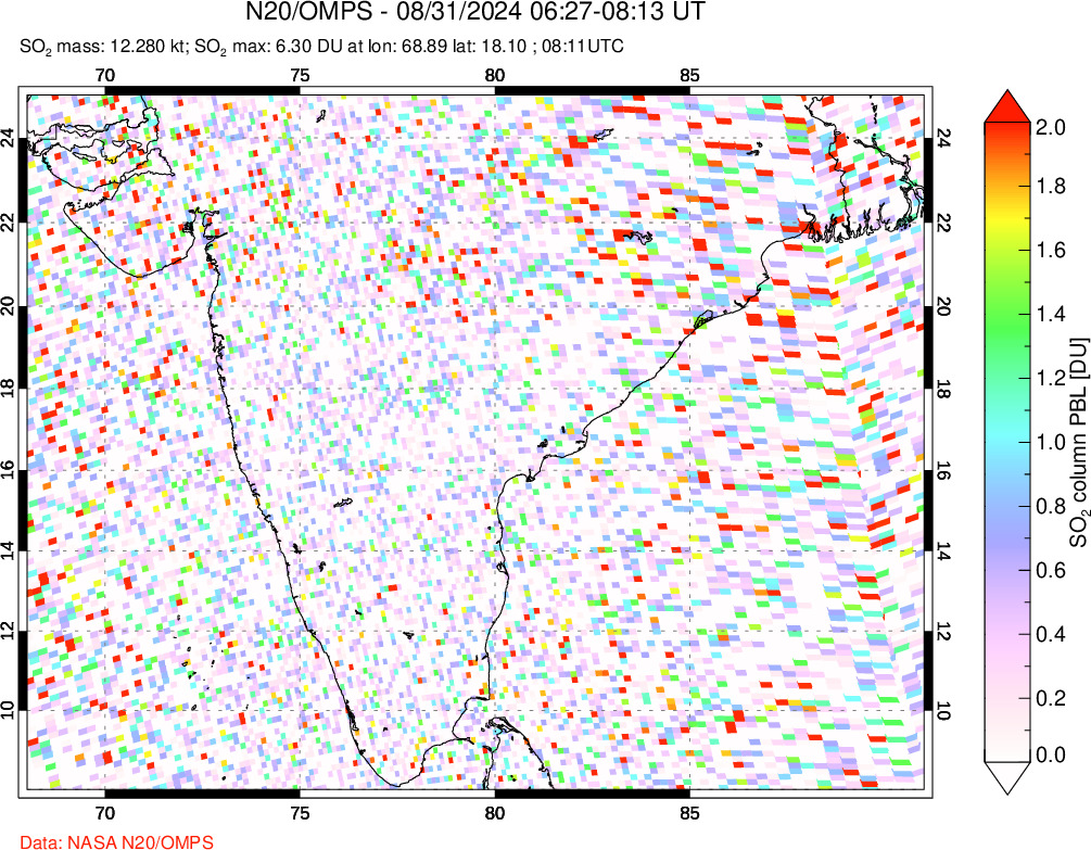 A sulfur dioxide image over India on Aug 31, 2024.