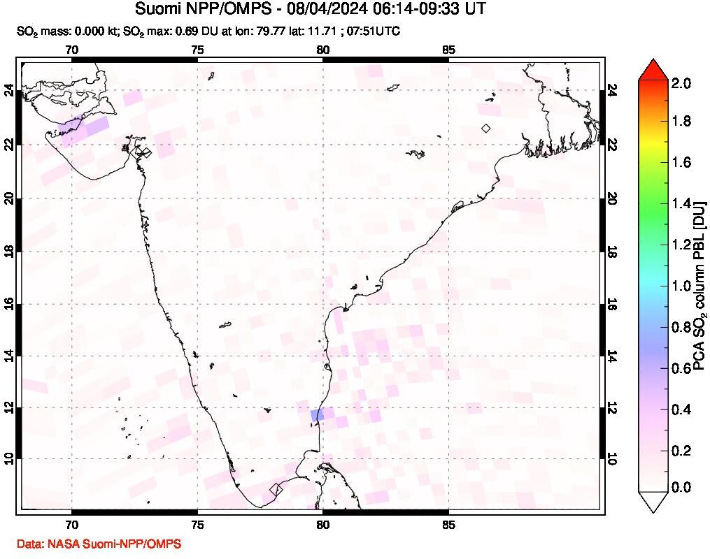 A sulfur dioxide image over India on Aug 04, 2024.