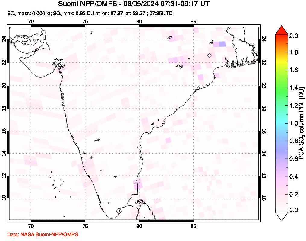 A sulfur dioxide image over India on Aug 05, 2024.