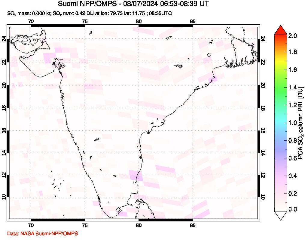 A sulfur dioxide image over India on Aug 07, 2024.