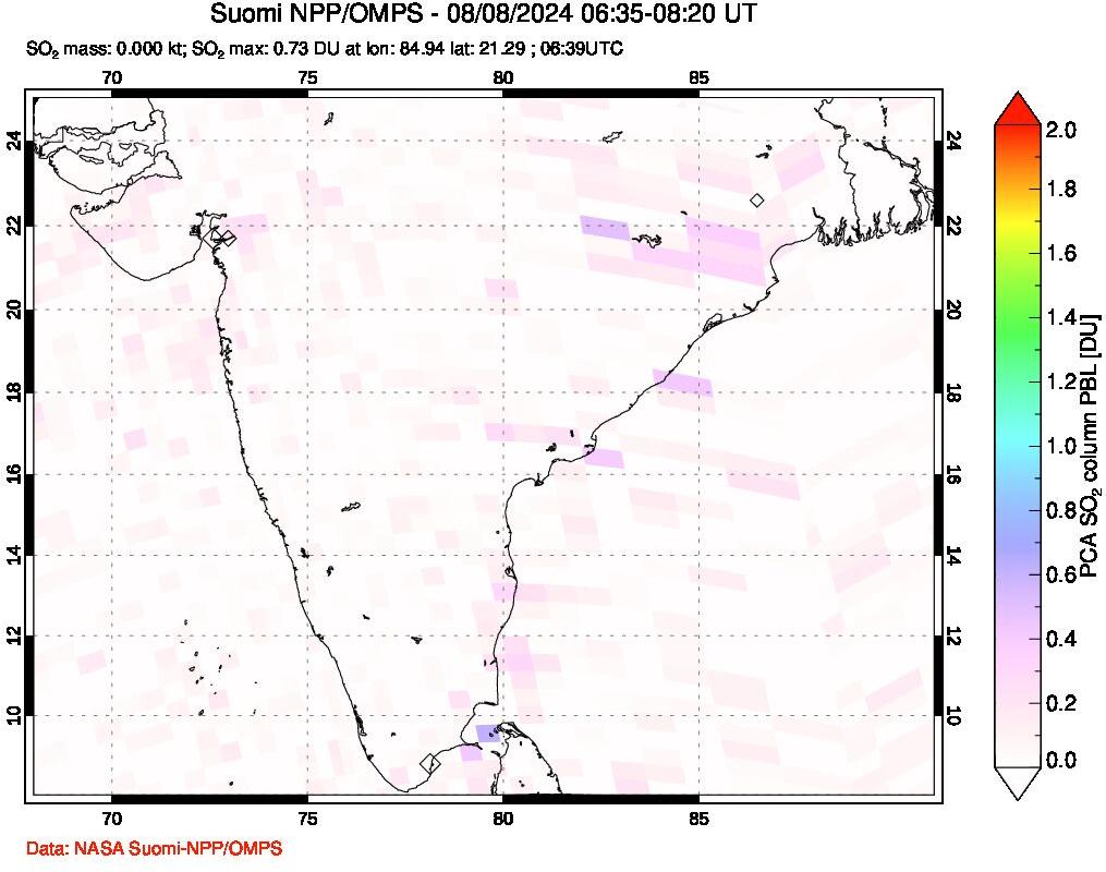 A sulfur dioxide image over India on Aug 08, 2024.