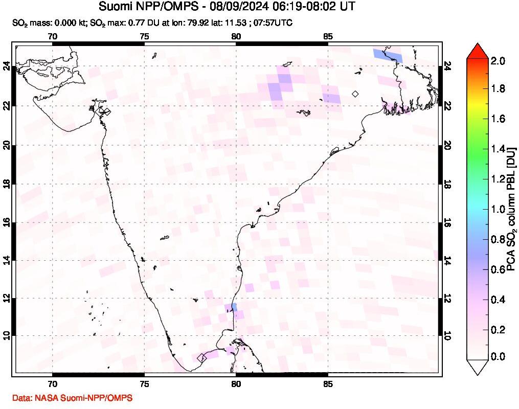 A sulfur dioxide image over India on Aug 09, 2024.