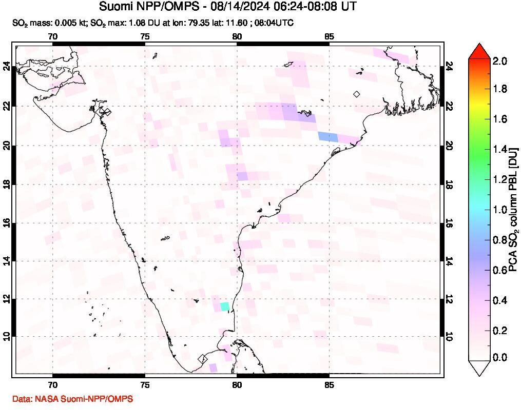 A sulfur dioxide image over India on Aug 14, 2024.