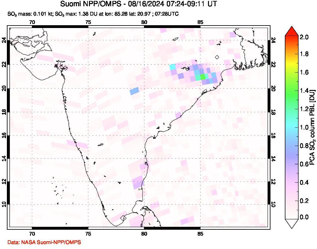 A sulfur dioxide image over India on Aug 16, 2024.