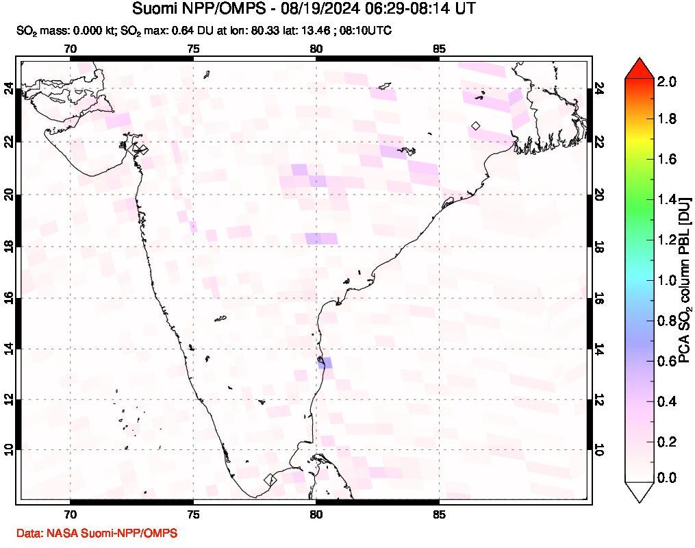 A sulfur dioxide image over India on Aug 19, 2024.