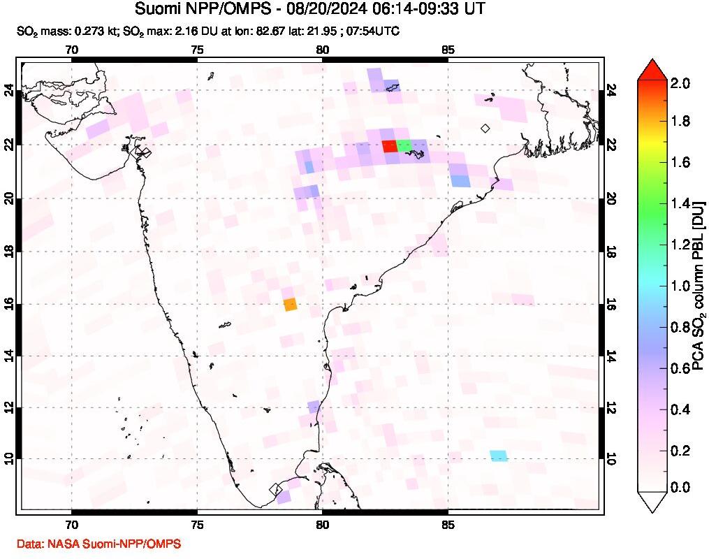 A sulfur dioxide image over India on Aug 20, 2024.