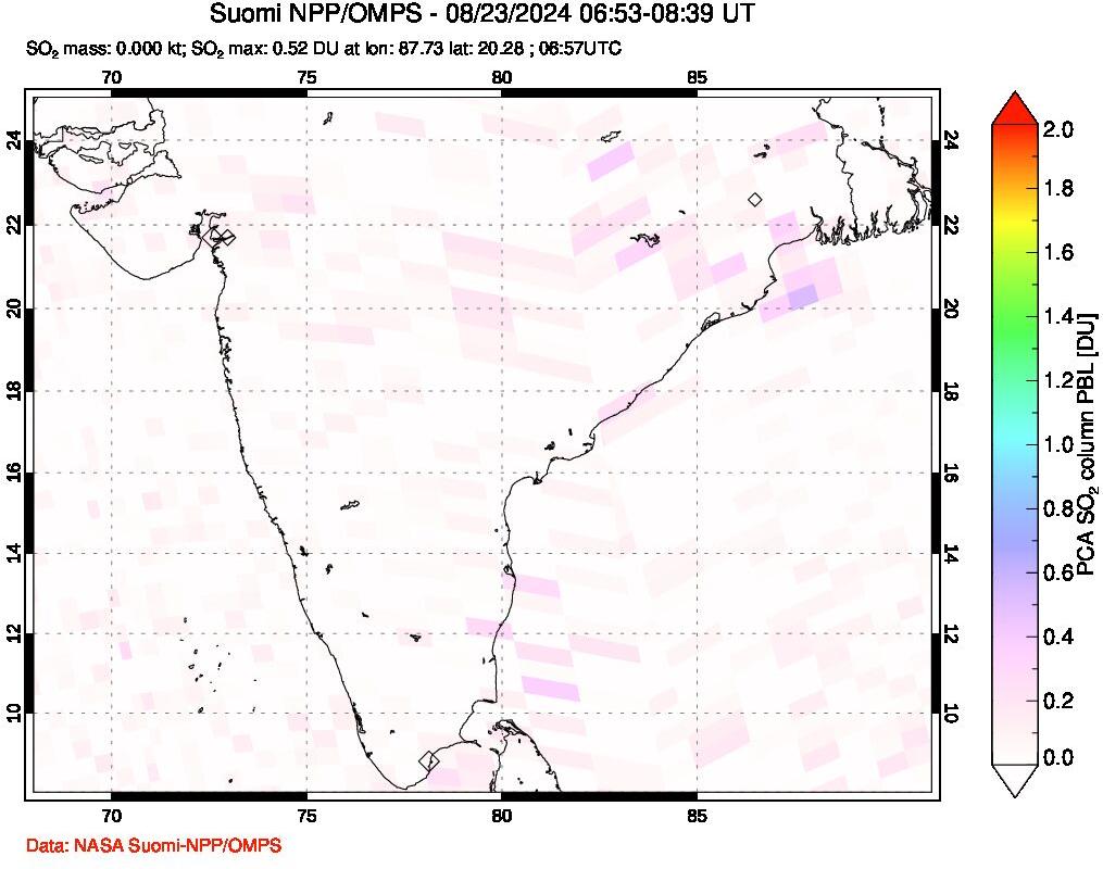 A sulfur dioxide image over India on Aug 23, 2024.