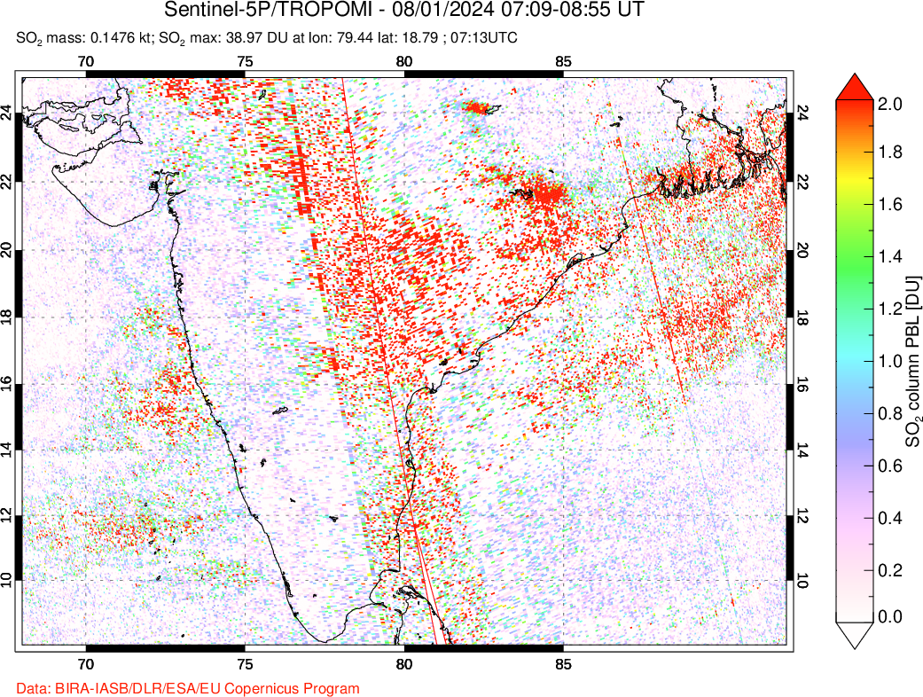 A sulfur dioxide image over India on Aug 01, 2024.