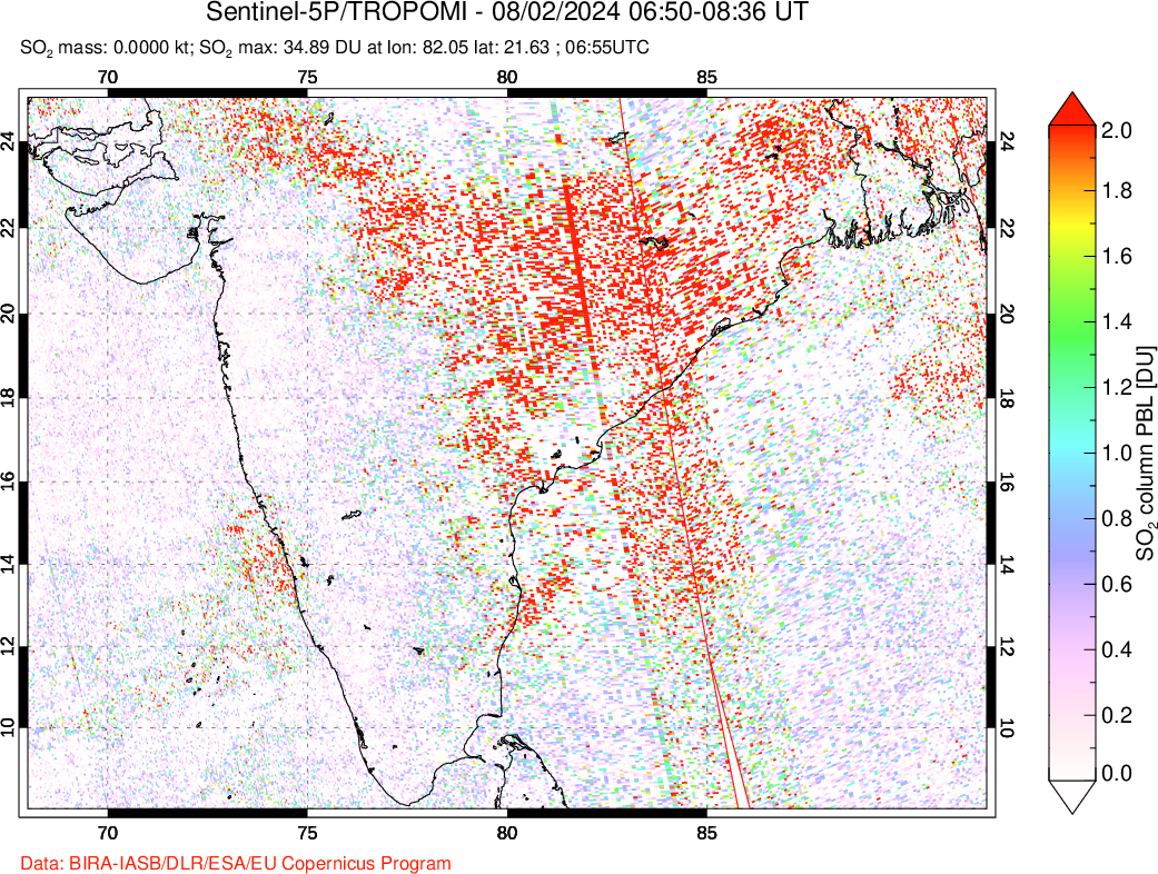 A sulfur dioxide image over India on Aug 02, 2024.