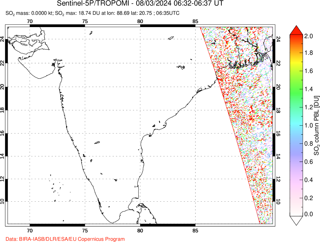 A sulfur dioxide image over India on Aug 03, 2024.