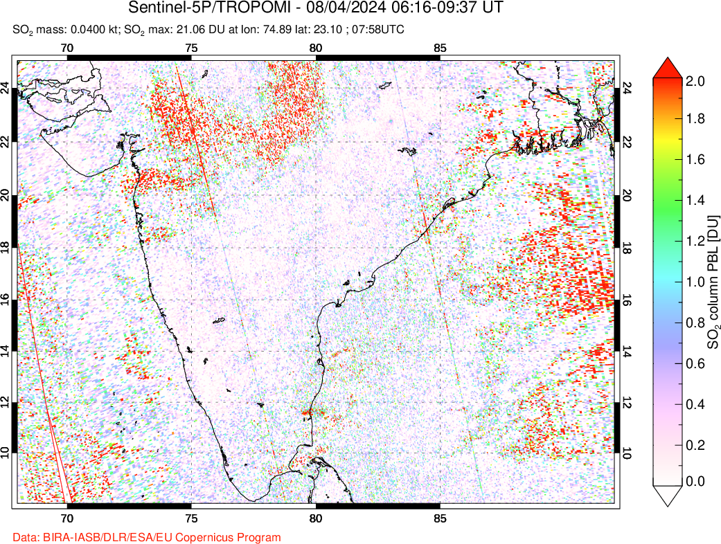 A sulfur dioxide image over India on Aug 04, 2024.