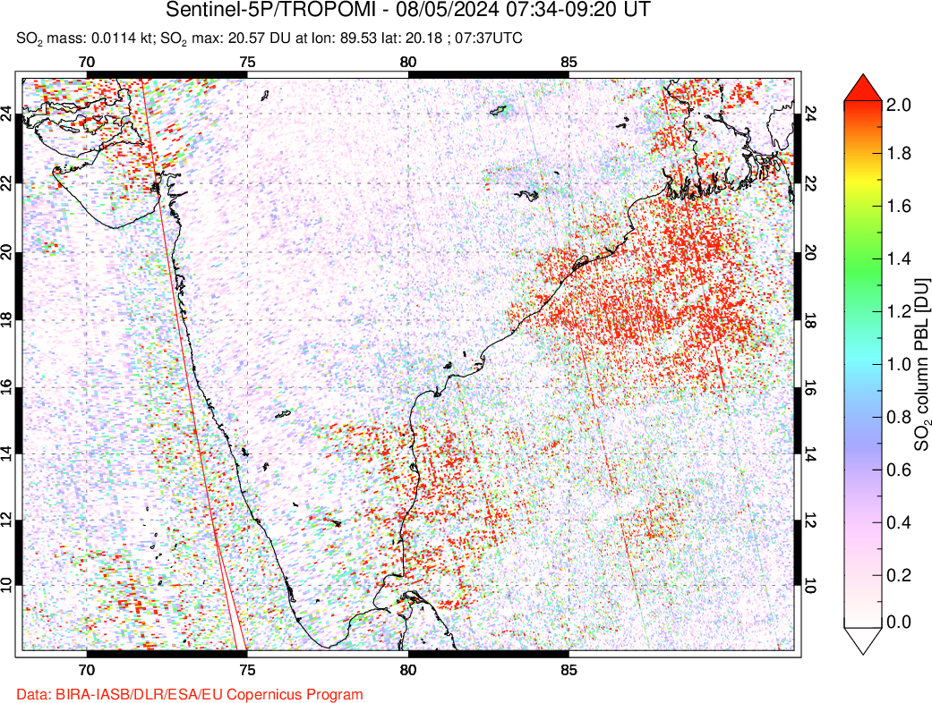 A sulfur dioxide image over India on Aug 05, 2024.