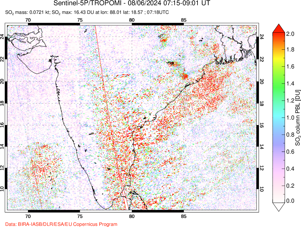 A sulfur dioxide image over India on Aug 06, 2024.